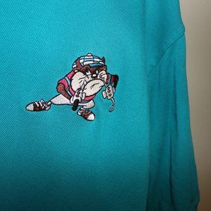 3/$55- vintage 1994 Tasmanian Devil men's golf polo shirt teal Acme Clothing Taz